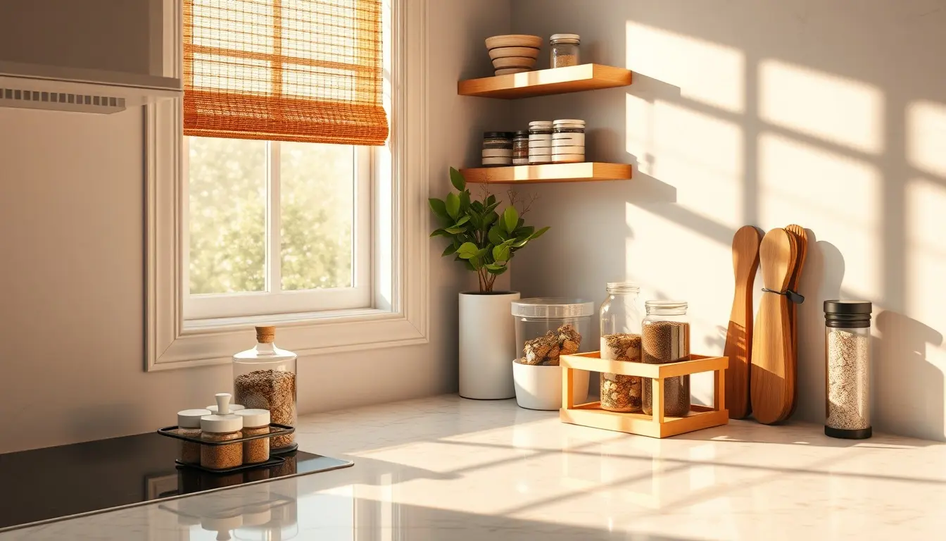 Meuble de cuisine moderne avec des organiseurs élégants en bambou et métal