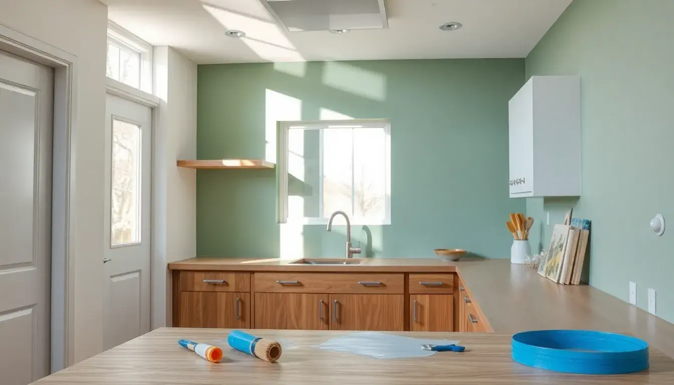 Rénovation avec peinture cuisine montrant outils et murs en cours de finition