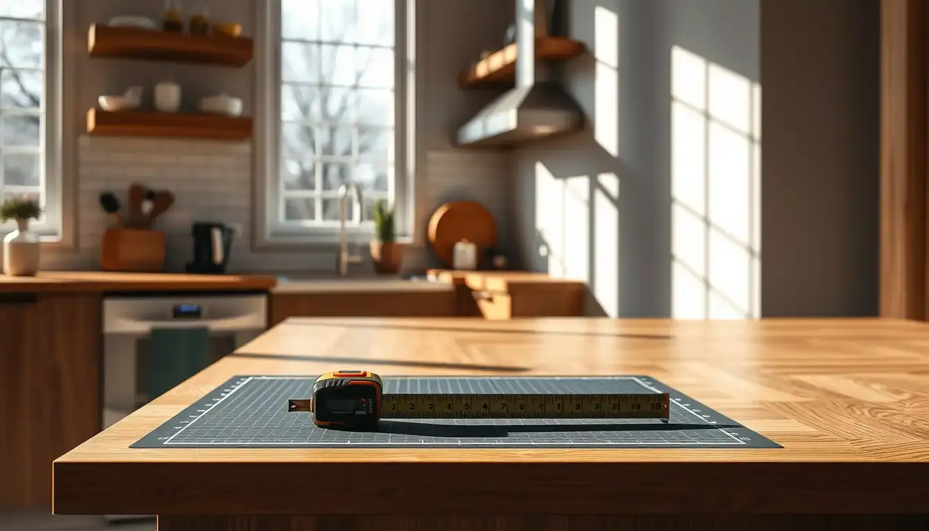 Plan de travail sur mesure en bois avec outils de mesure laser professionnels