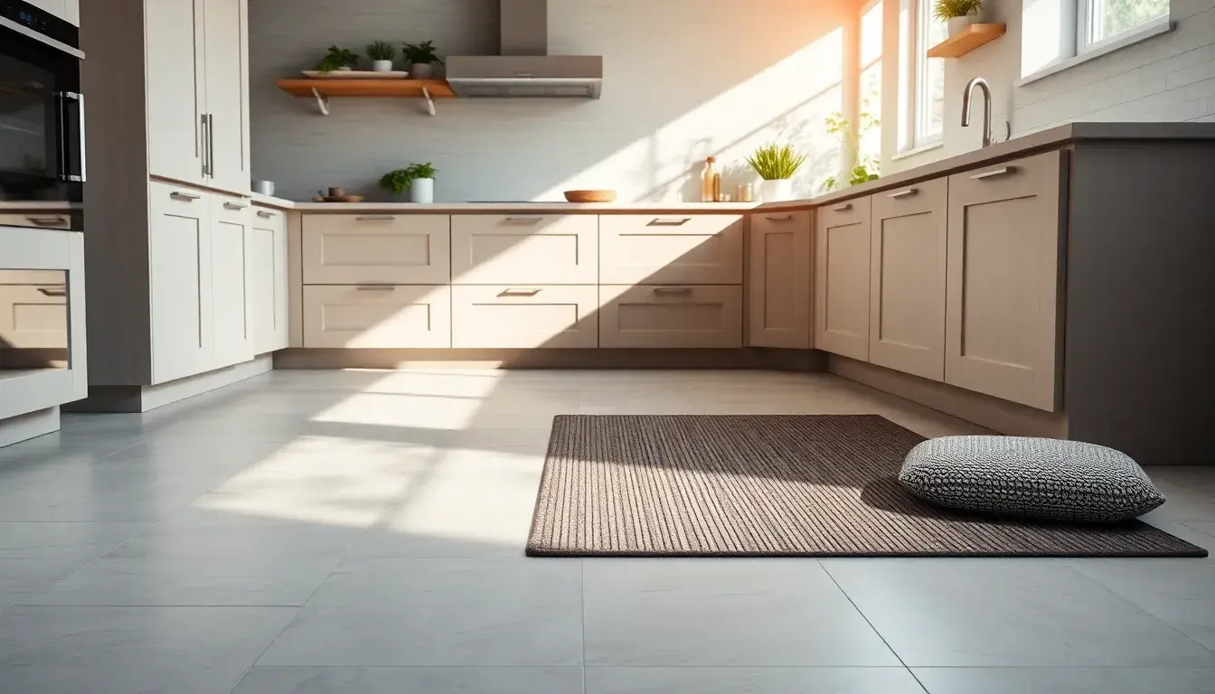 Tapis de cuisine moderne de type runner sur un sol clair baigné de lumière naturelle