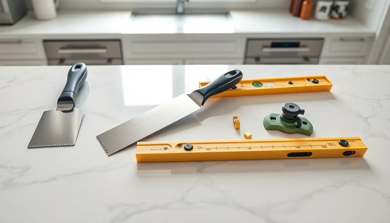 Outils professionnels pour carrelage mural cuisine disposés sur un plan de travail en marbre.