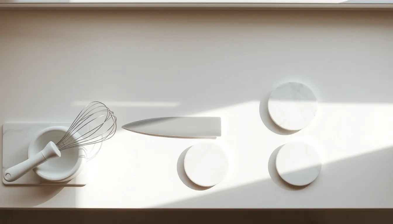 Ustensiles de cuisine blanche minimalistes sur un plan de travail en marbre ensoleillé