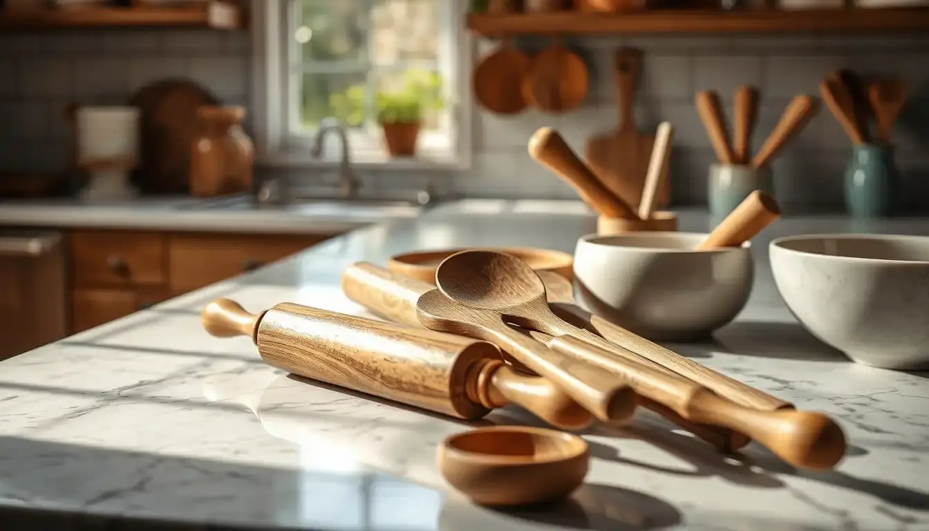 Collection d'ustensiles de cuisine bois disposés sur un plan de travail ensoleillé