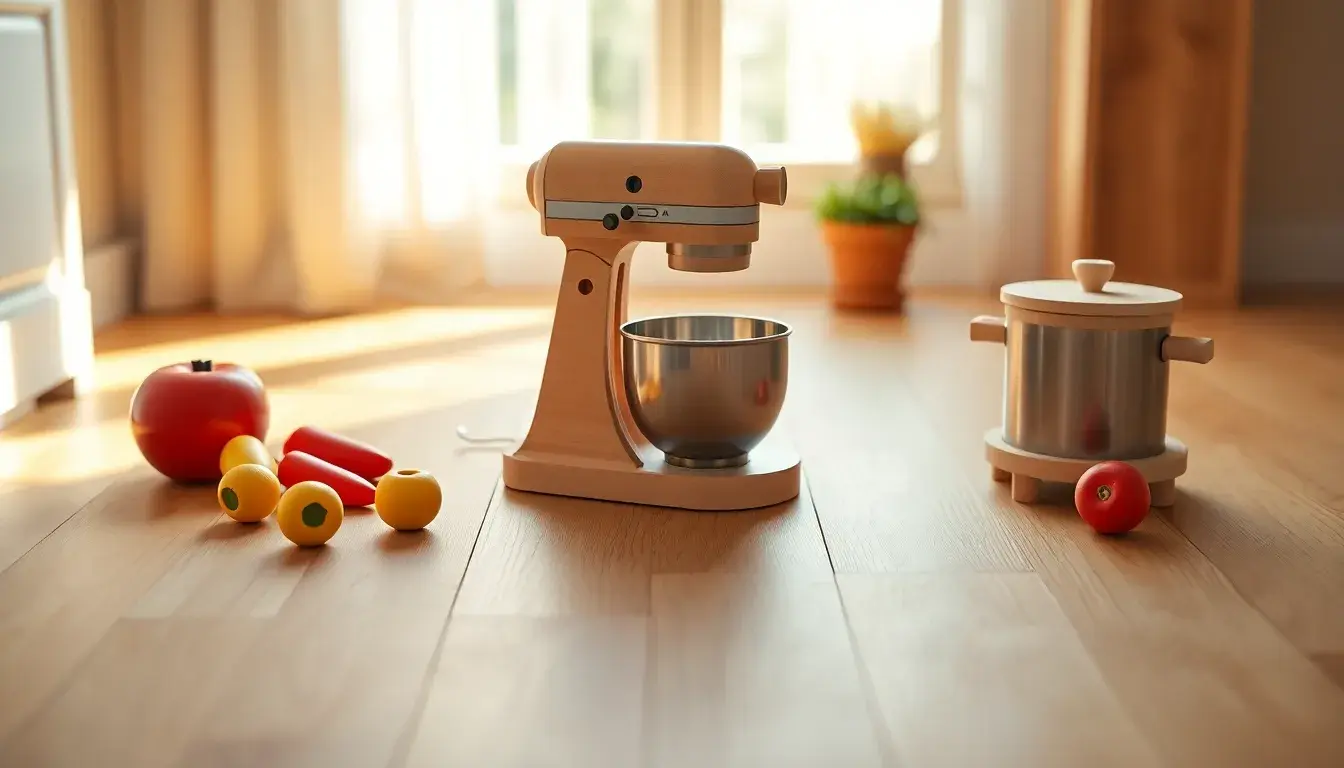 Cuisine en bois enfant avec accessoires de jeu réalistes sur un sol ensoleillé