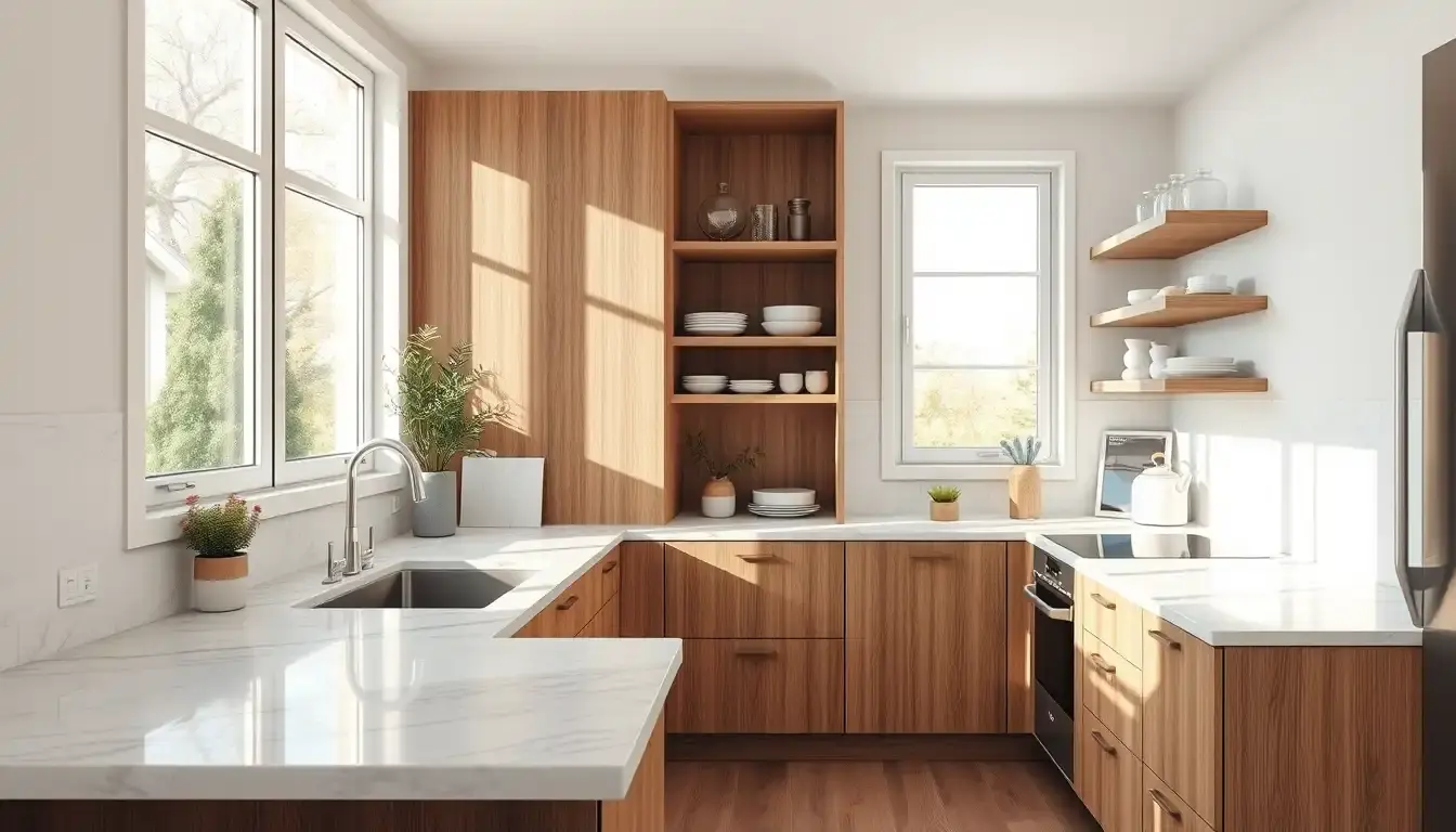 Cuisine en l moderne avec plan de travail en marbre et rangements optimisés