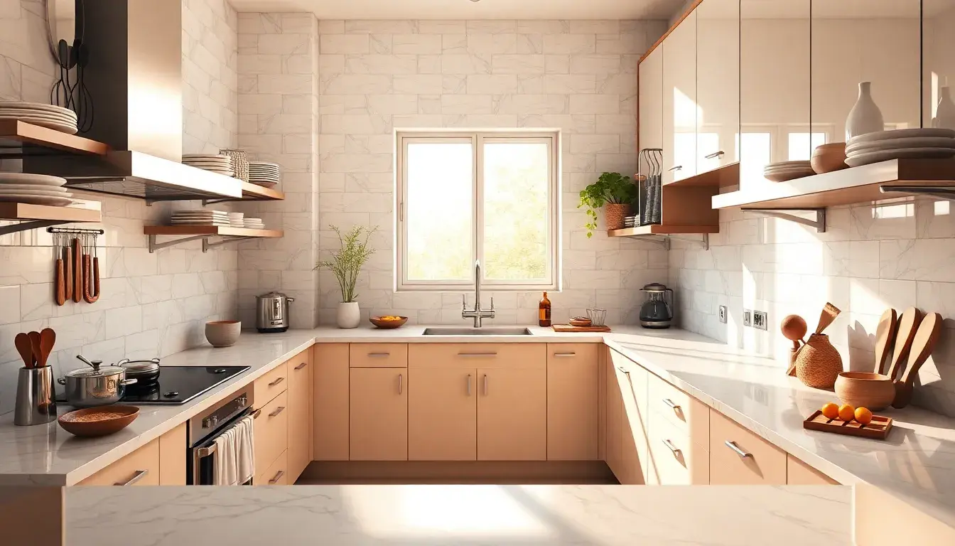 Cuisine en u moderne avec plan de travail en marbre et accessoires organisés