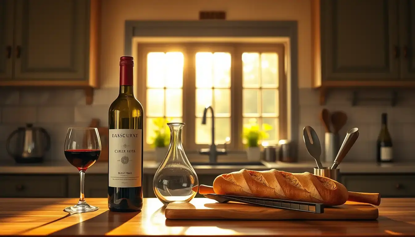 Table de cuisine ensoleillée avec accessoires de cuisine et vins de france professionnels