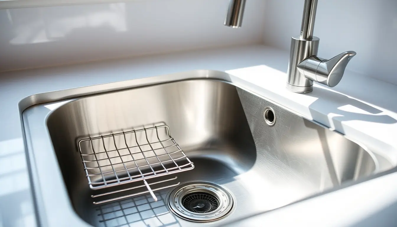 Évier cuisine 1 bac moderne en inox avec grille de protection et accessoires