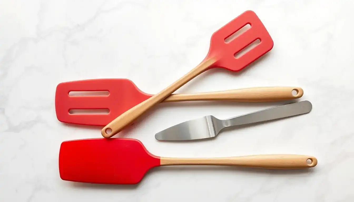 Différents types de maryse cuisine et spatules sur un plan de travail en marbre.