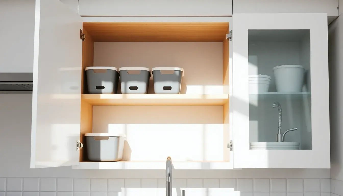 Meuble évier cuisine moderne et organisé avec étagères et bacs de rangement gris