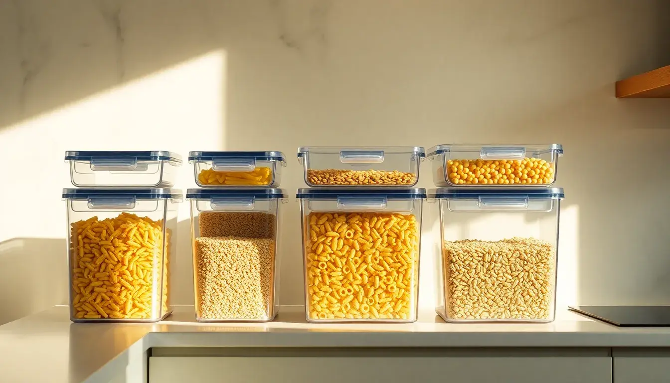 Meuble rangement cuisine organisé avec des bacs transparents et des accessoires modernes