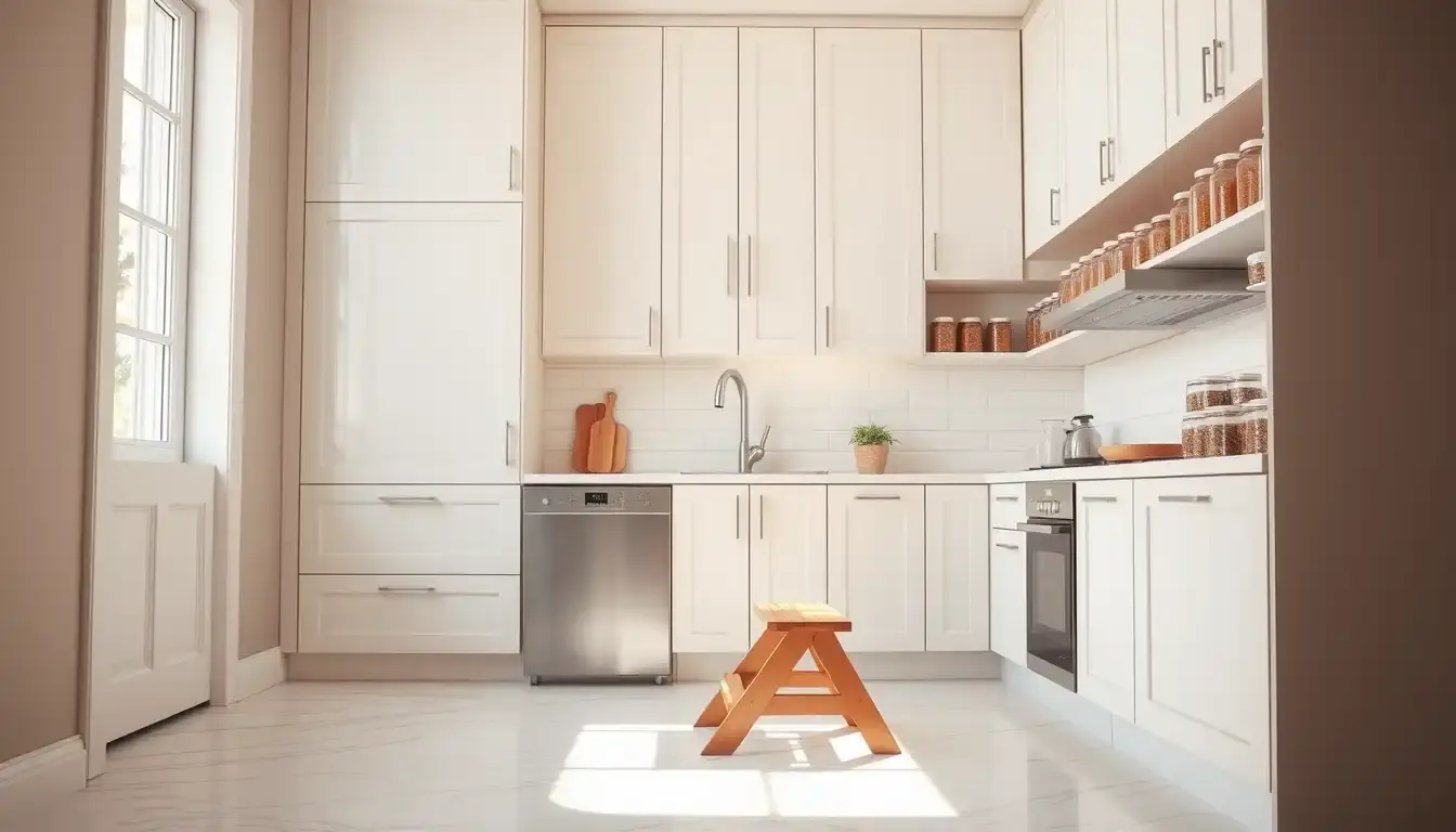 Cuisine moderne lumineuse avec meubles hauts blancs et escabeau en bois stylé