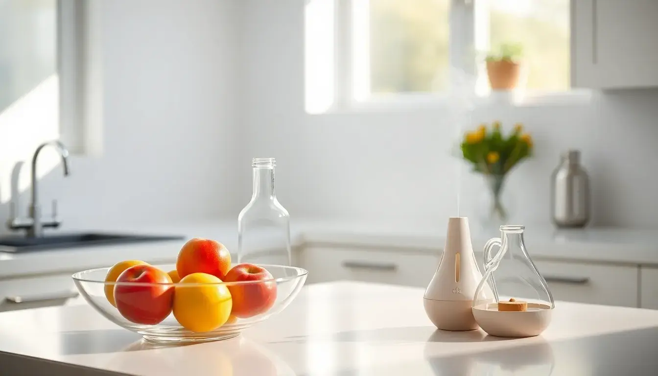 Cuisine lumineuse avec corbeille de fruits et solutions naturelles contre les moucherons cuisine.