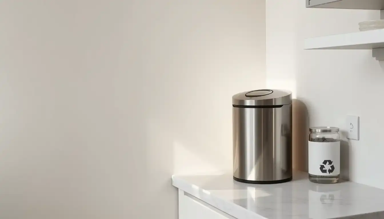 Poubelle cuisine moderne en acier inoxydable dans une cuisine lumineuse avec plan de travail en marbre