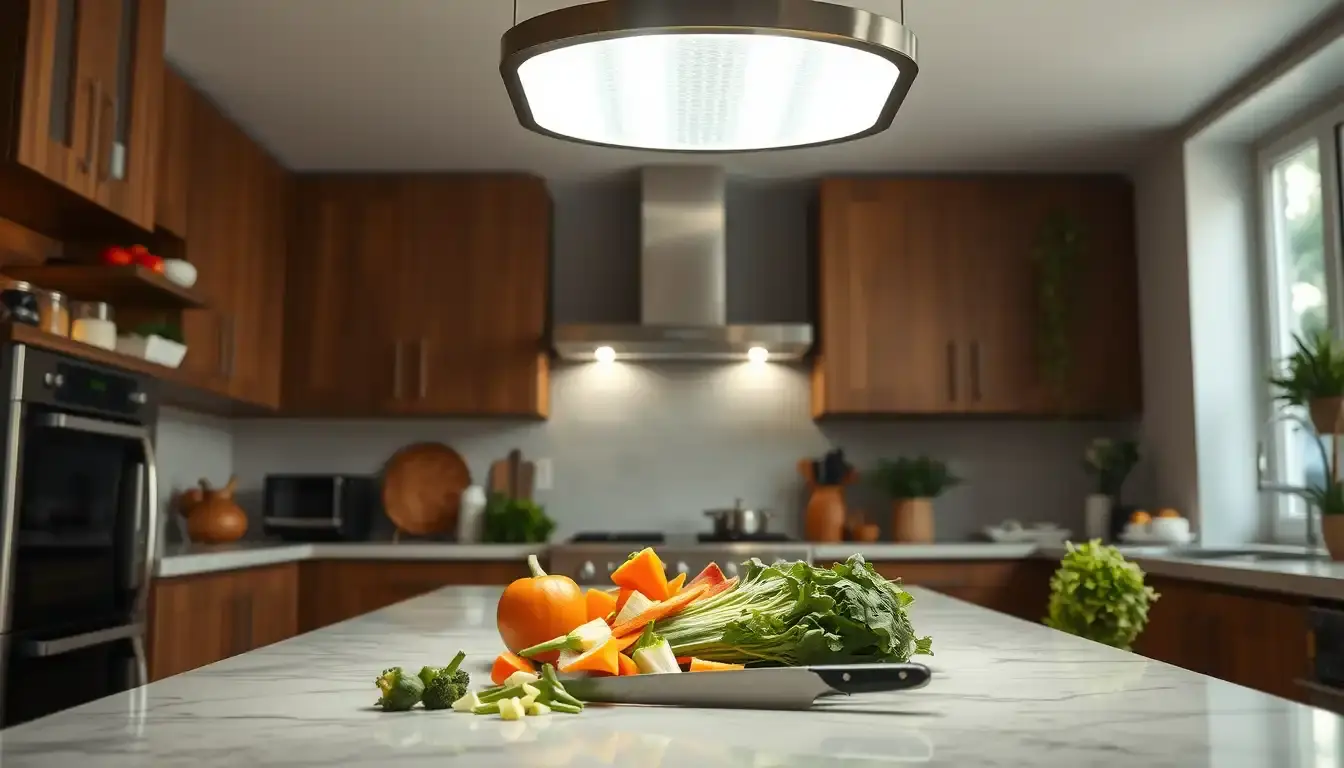 Plafonnier cuisine moderne éclairant un plan de travail en marbre avec des légumes frais