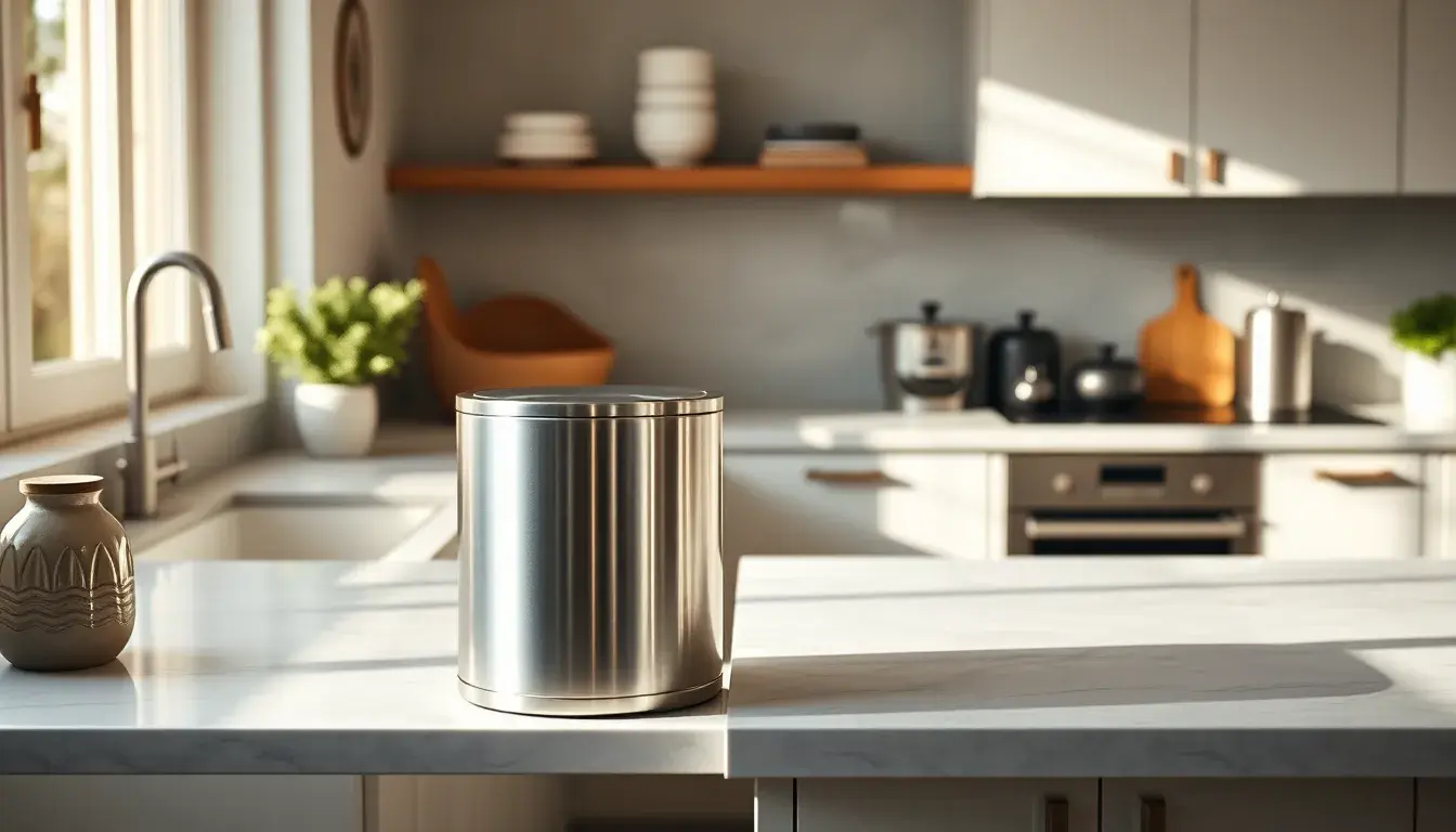 Poubelle de cuisine moderne en acier inoxydable dans une cuisine lumineuse
