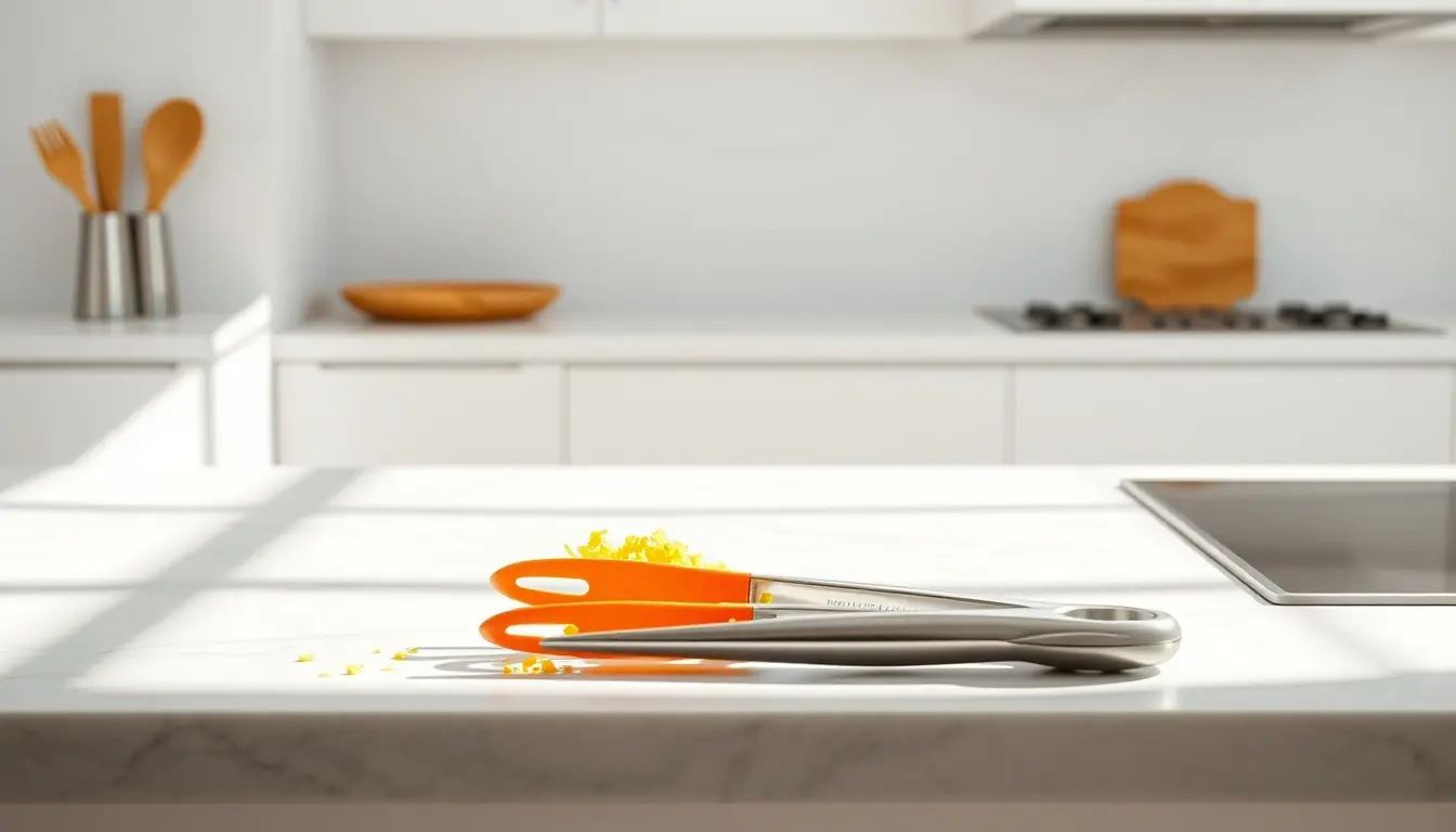 Ustensile de cuisine moderne disposé sur un plan de travail en marbre lumineux.