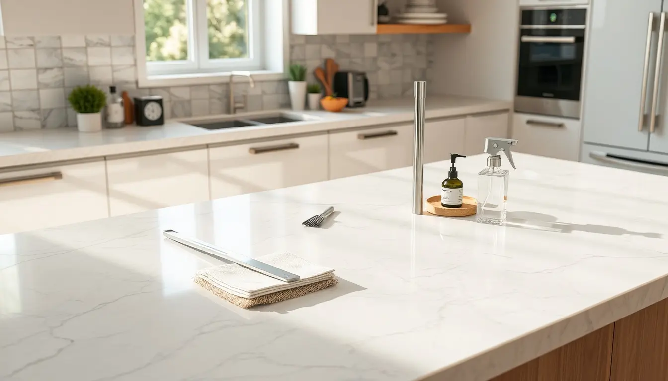 Carrelage cuisine sol moderne et propre avec outils de nettoyage professionnels
