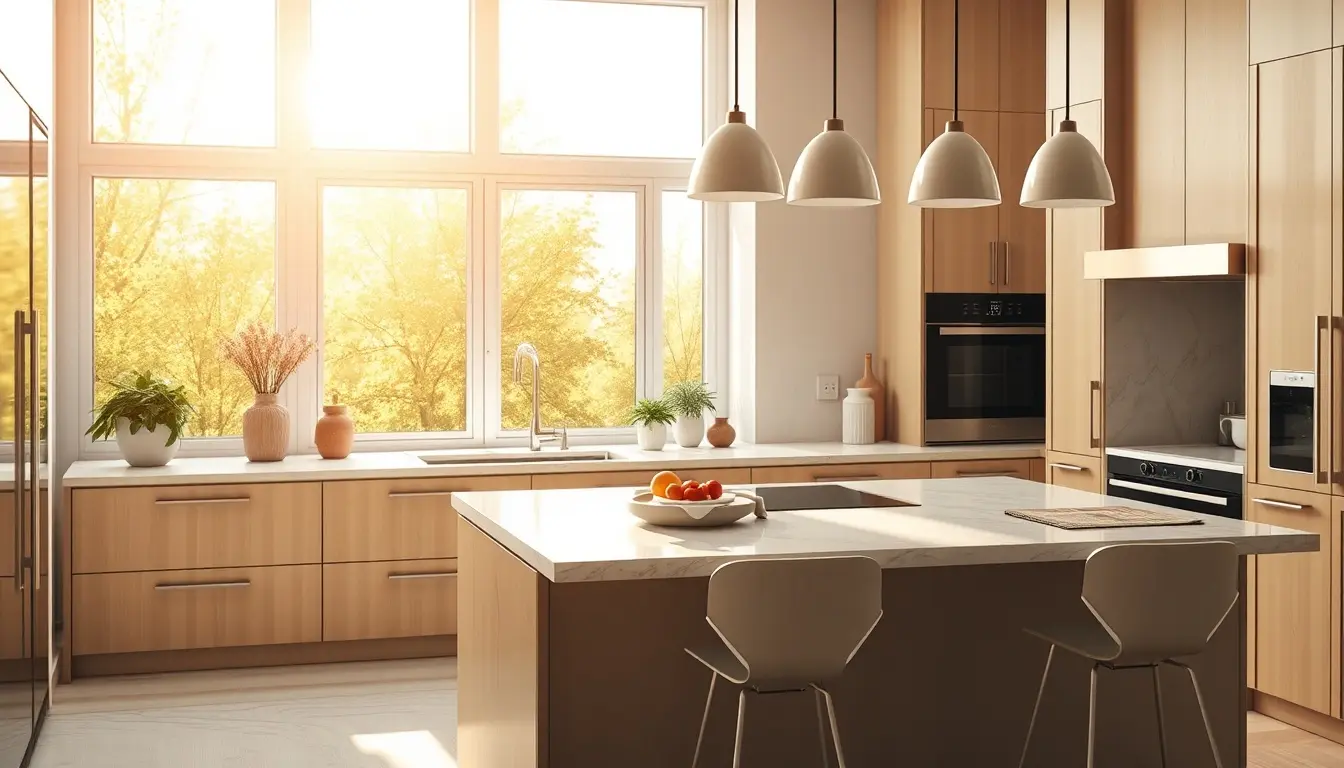 Aménagement de cuisine moderne avec chaise haute cuisine et tabourets élégants