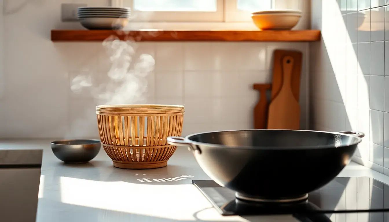 Ustensiles de chinois cuisine sur un plan de travail ensoleillé avec panier vapeur et wok