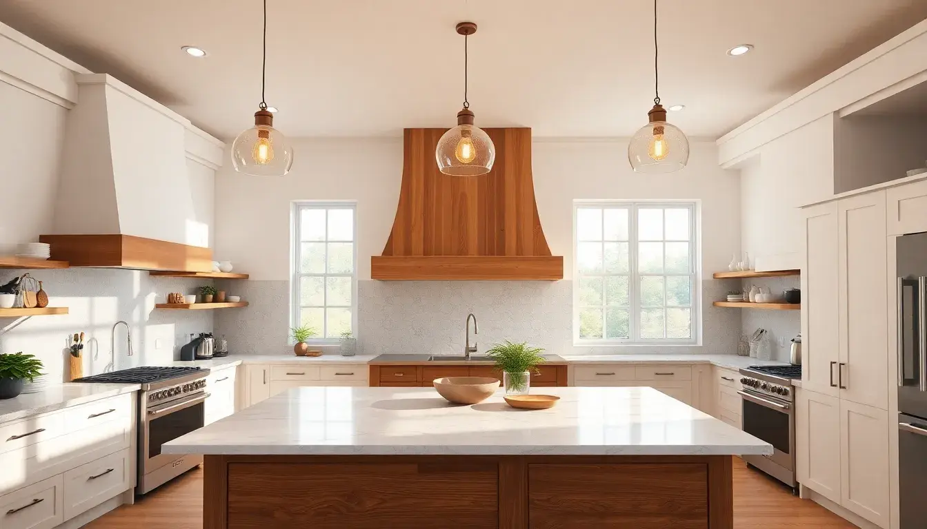 Cuisine moderne lumineuse avec un grand îlot central en bois et marbre
