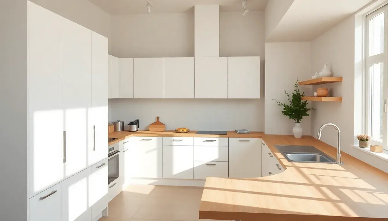 Intérieur de cuisine blanc et bois moderne et lumineux avec comptoirs en chêne