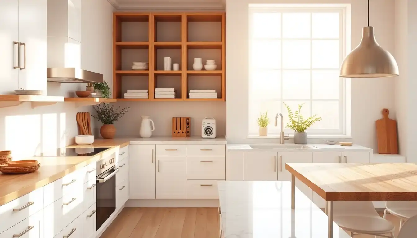 Cuisine blanche bois moderne avec plan de travail en chêne clair et accessoires minimalistes