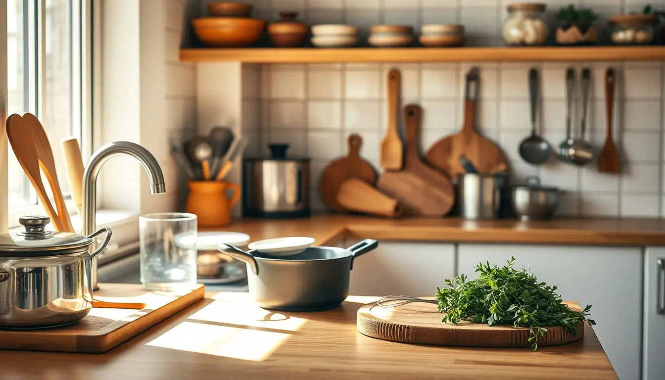 Ustensiles de cuisine variés sur un plan de travail ensoleillé avec herbes fraîches