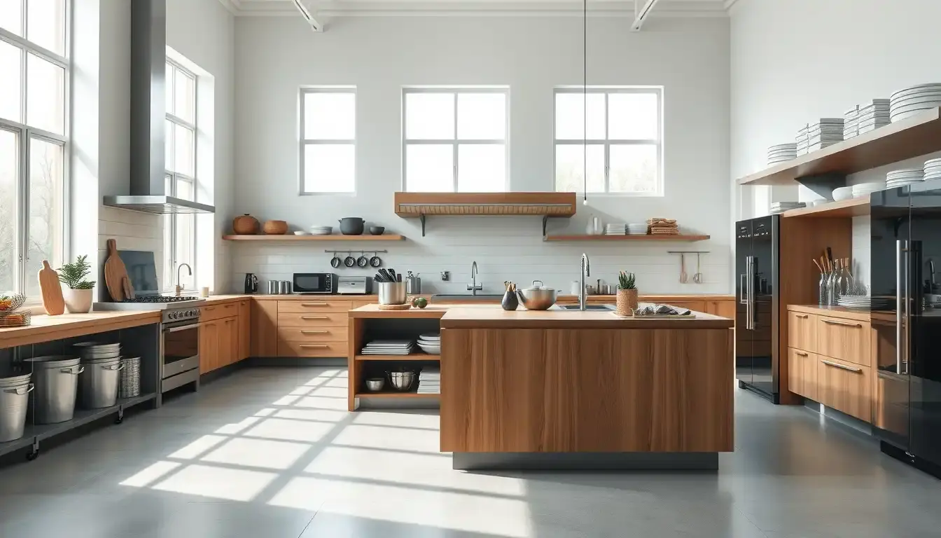 Cuisine centrale moderne avec îlot en bois et outils de cuisine organisés