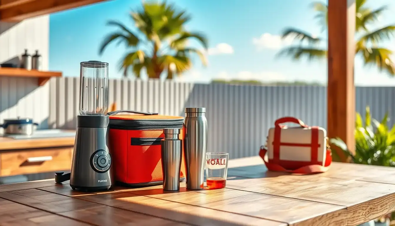 Cuisine d'été extérieure moderne avec blender portable et accessoires sur comptoir bois