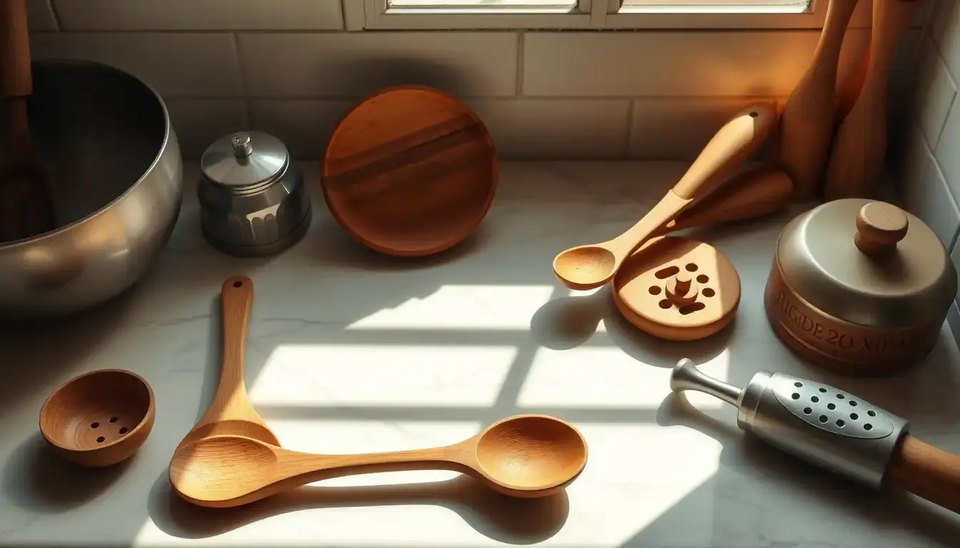 Collection d'ustensiles de cuisine en bois rustiques sur un plan de travail ensoleillé