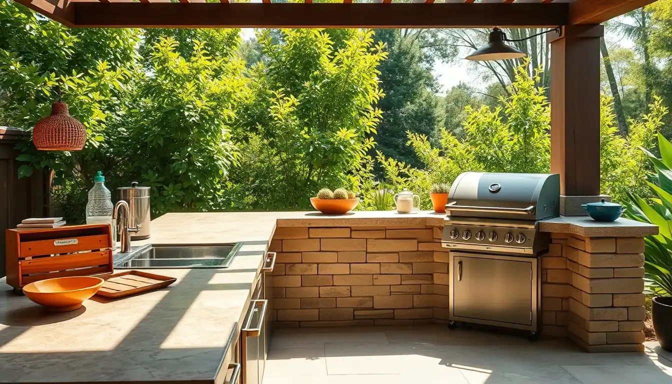 Cuisine extérieur moderne avec plan de travail en pierre et accessoires de cuisson