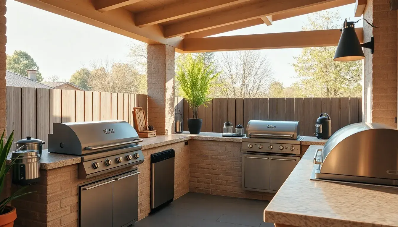 Cuisine extérieure moderne en bois et pierre avec grill et ustensiles