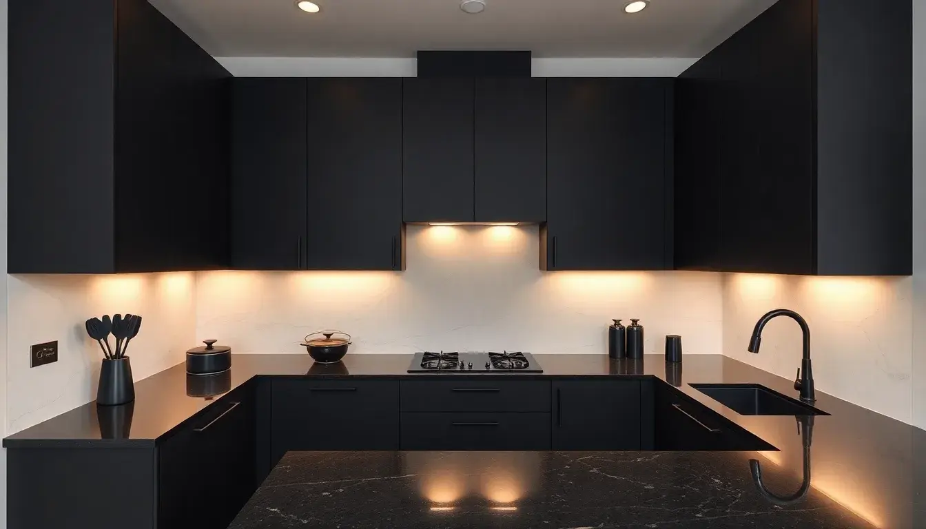 Cuisine noire moderne avec plan de travail en marbre et accessoires noirs élégants