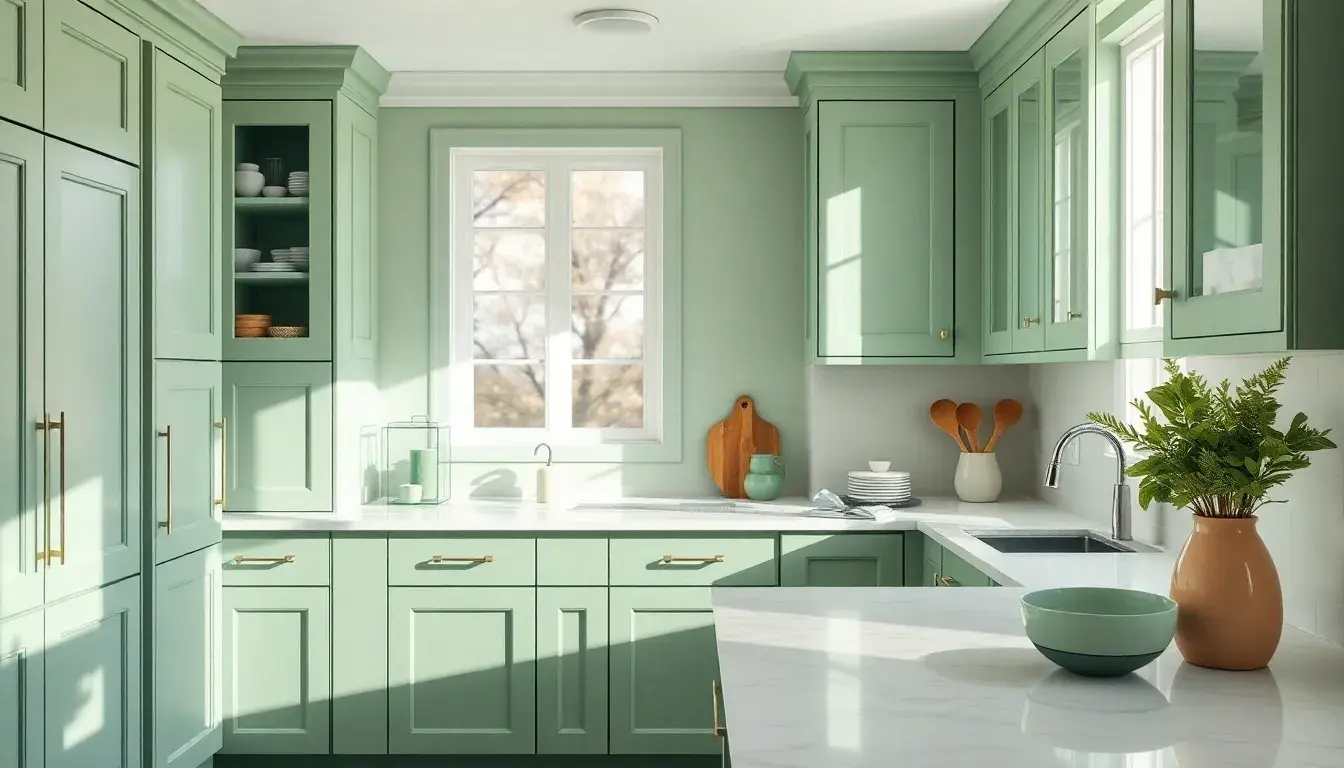 Cuisine moderne lumineuse avec placards vert sauge et accessoires de cuisine assortis