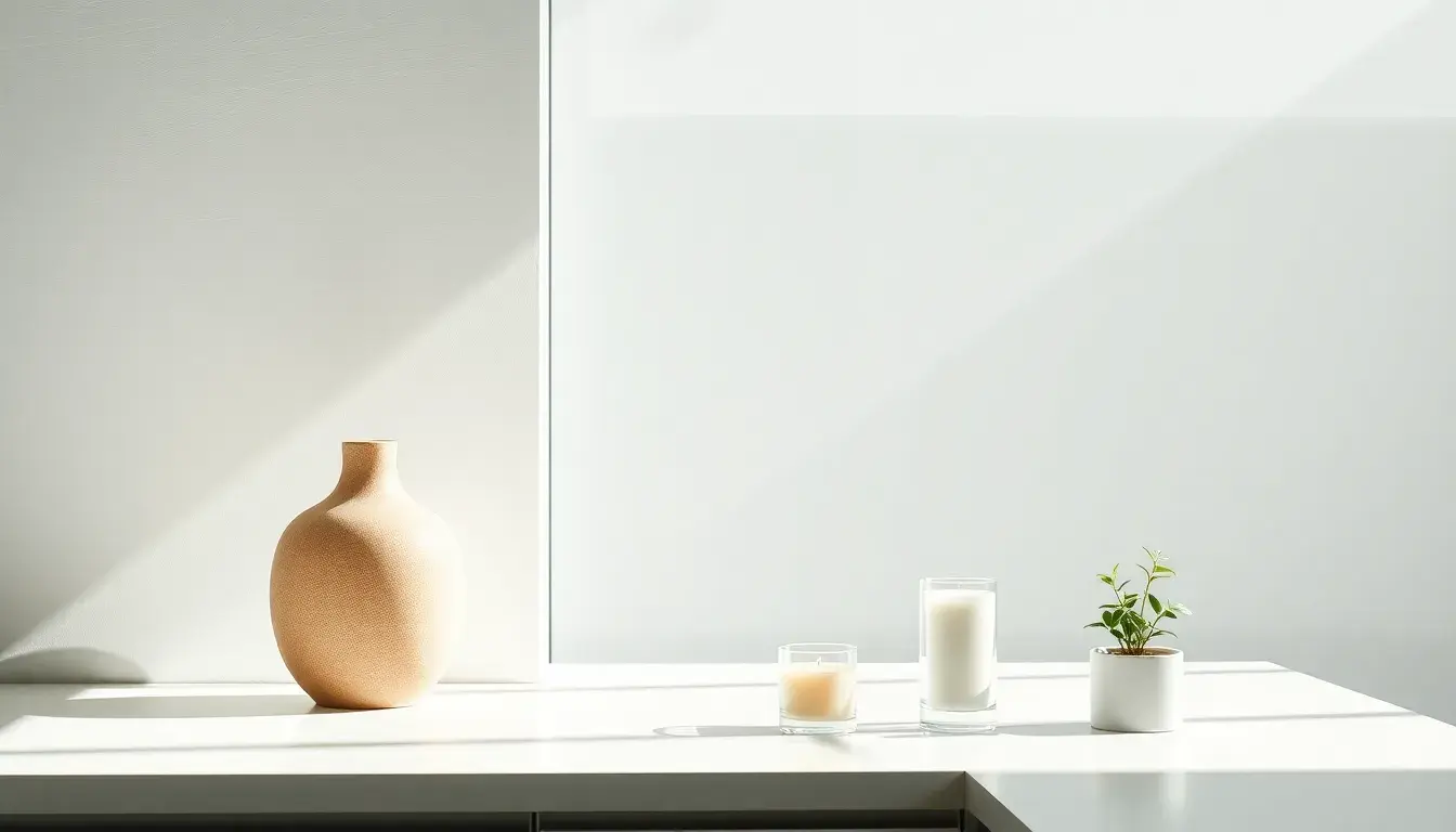 Déco cuisine moderne avec vase en céramique et bougie parfumée sur plan de travail en marbre