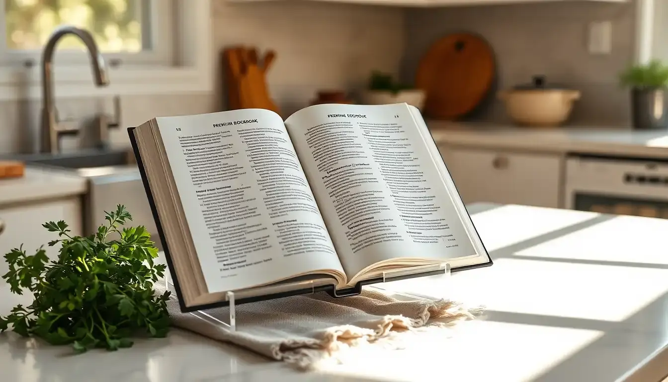 Un livre de cuisine ouvert sur un support en acrylique moderne dans une cuisine lumineuse.