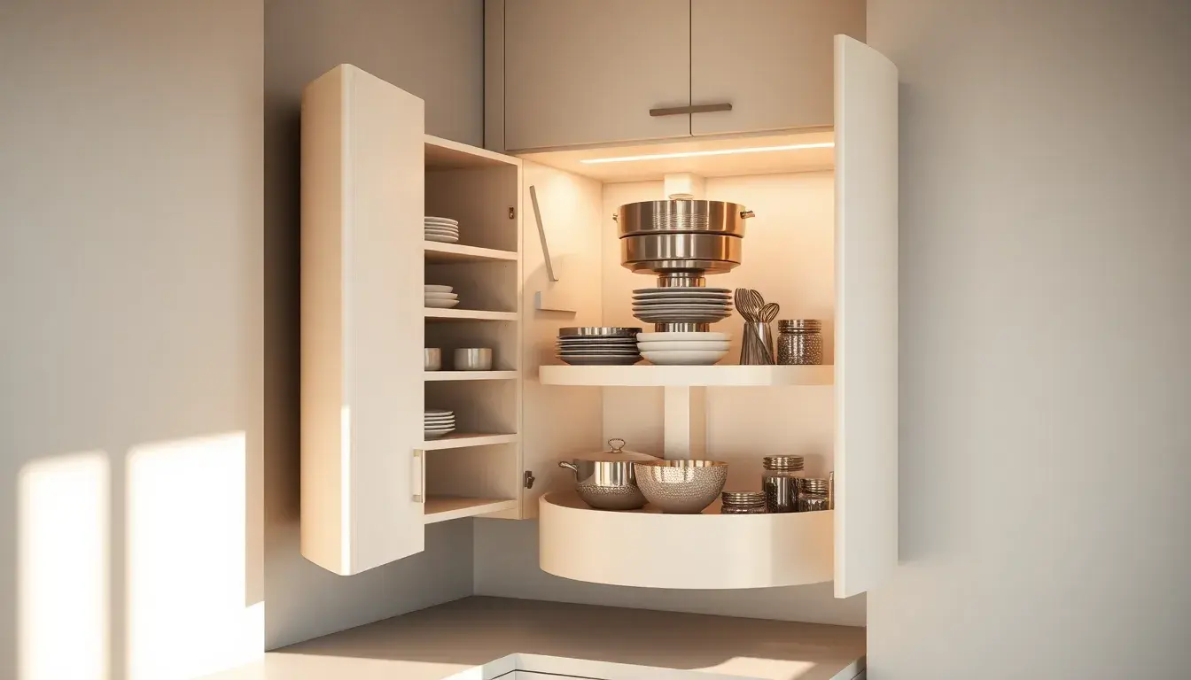 Meuble d'angle cuisine moderne avec plateau tournant optimisant le rangement intérieur