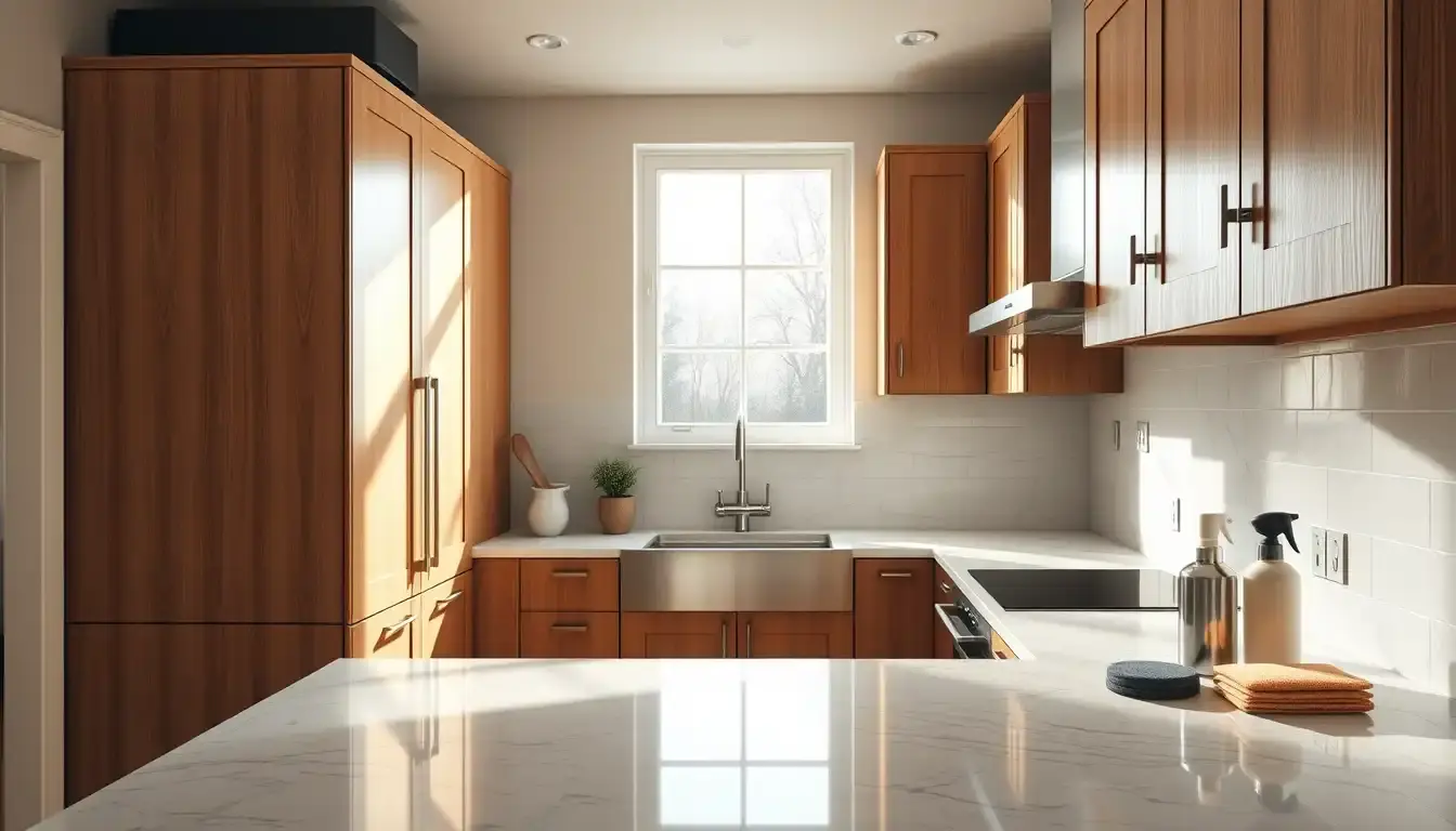 Meubles cuisine modernes en bois avec accessoires d'entretien sur plan de travail