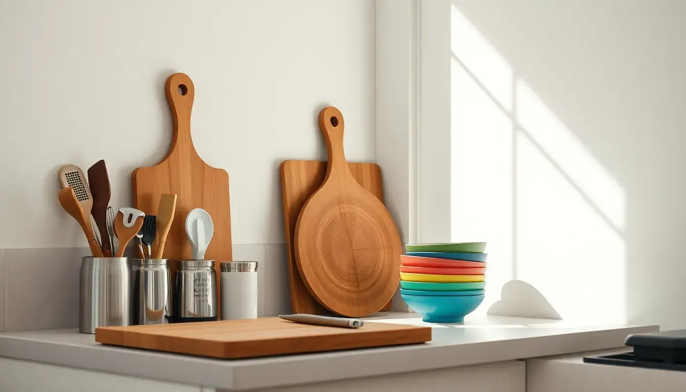 Petite cuisine moderne optimisée avec des ustensiles compacts et un plan de travail en marbre