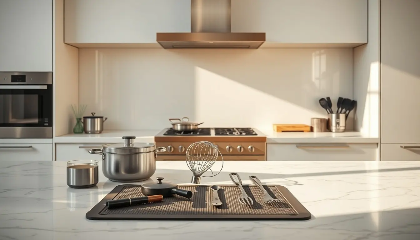 Plan de travail cuisine en marbre avec accessoires de protection modernes