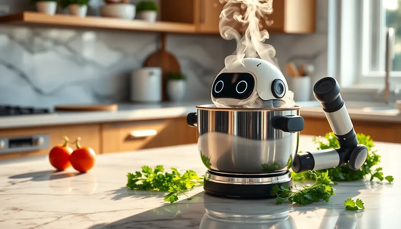 Robot Monsieur Cuisine sur un plan de travail en marbre avec des herbes fraîches.