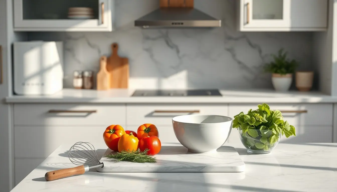 Outils de cuisine modernes sur un plan de travail en marbre pour préparer des recettes faciles.