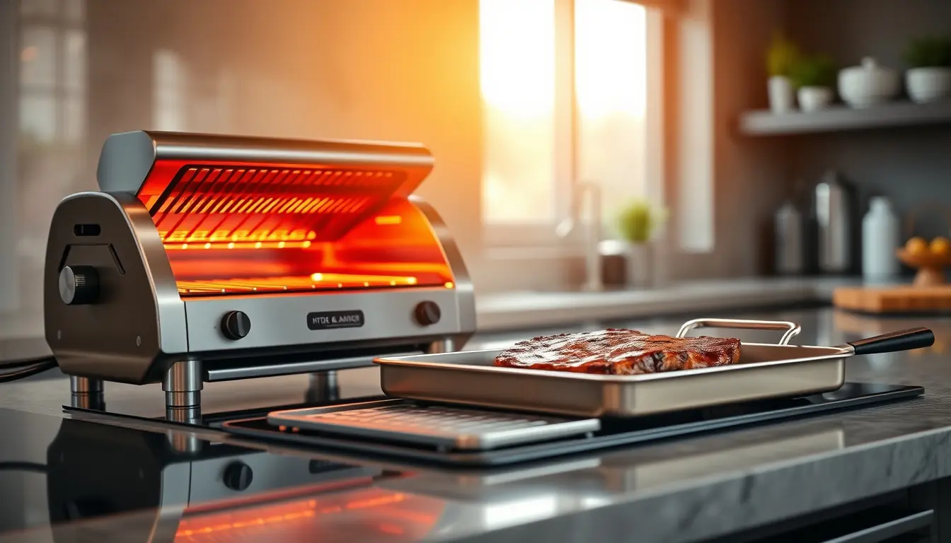 Salamandre de cuisine professionnelle sur un plan de travail en marbre avec une viande grillée