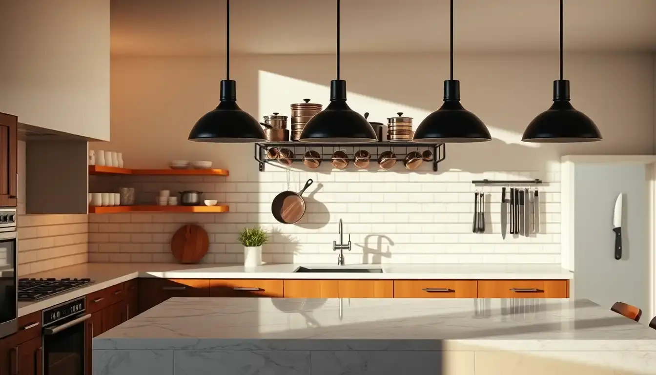 Suspension cuisine moderne au-dessus d'un îlot avec rangement d'ustensiles suspendus