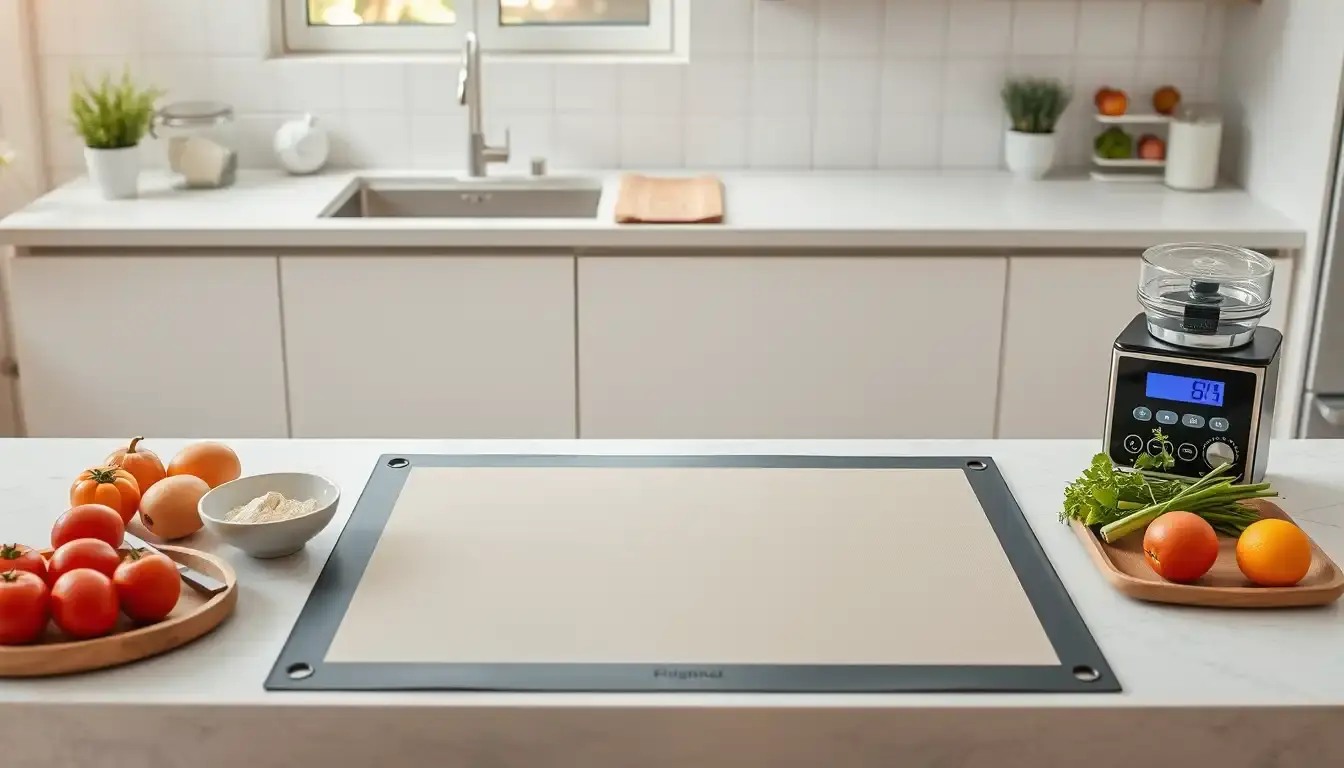 Plan de travail de cuisine moderne avec tapis en silicone et balance digitale pour une recette tous en cuisine réussie
