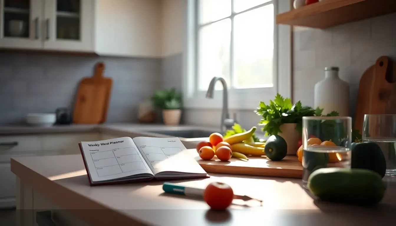Planificateur de repas hebdomadaire sur un plan de travail de cuisine avec légumes frais.