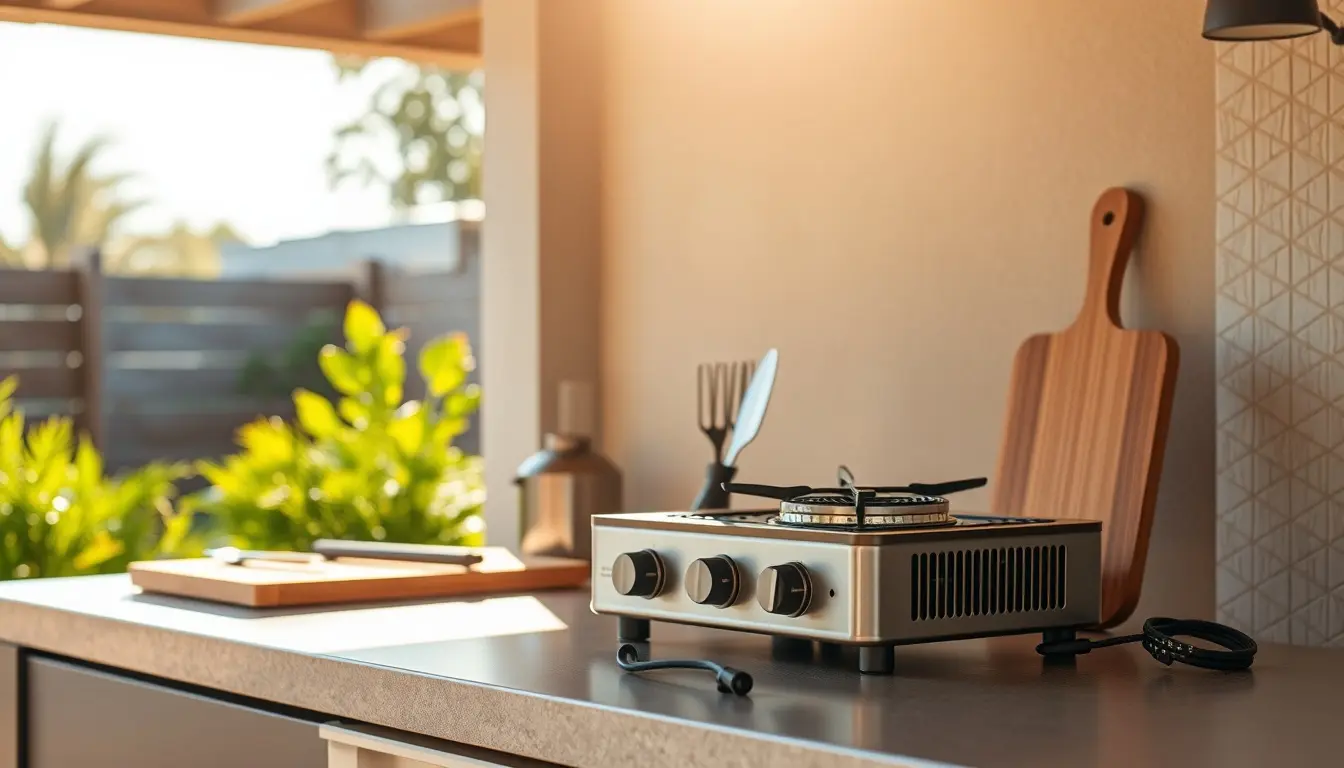 Cuisine extérieure moderne avec brûleur gaz portable et ustensiles en acier inoxydable au soleil