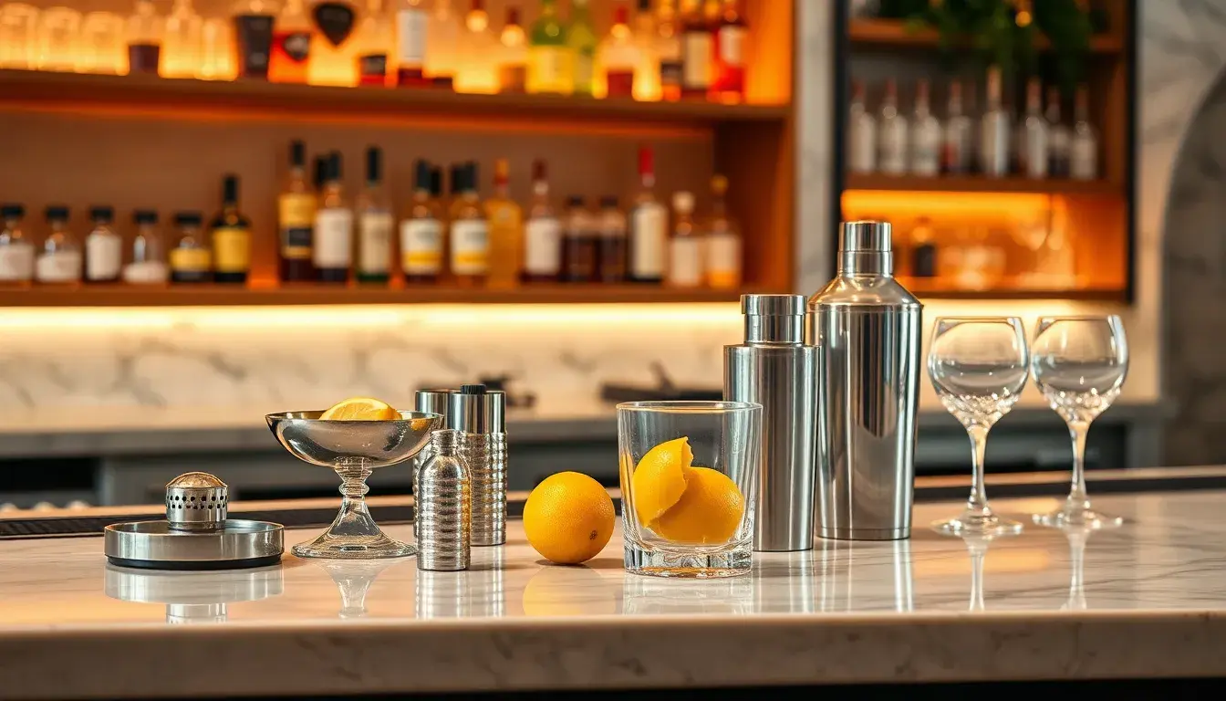 Comptoir de bar cuisine moderne avec accessoires de barman en acier inoxydable