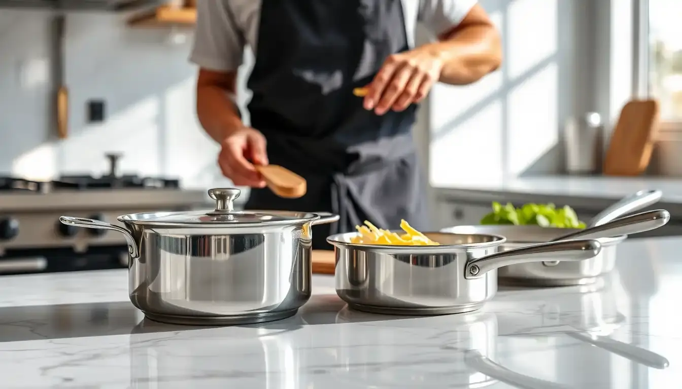 Batterie cuisine inox de haute qualité sur un plan de travail en marbre ensoleillé
